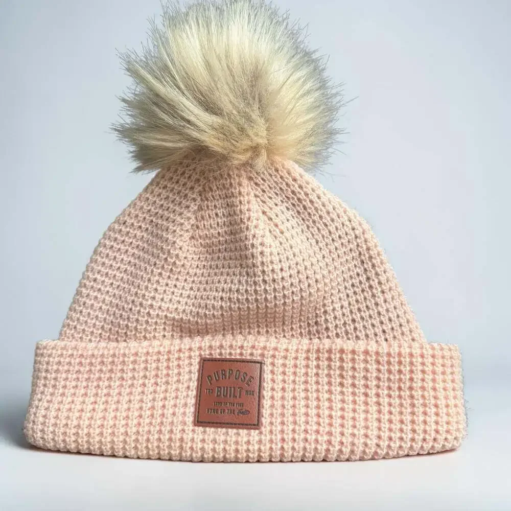 Purpose Built Peach Knit Beanie With Faux Fur Pom And Fleece Lining